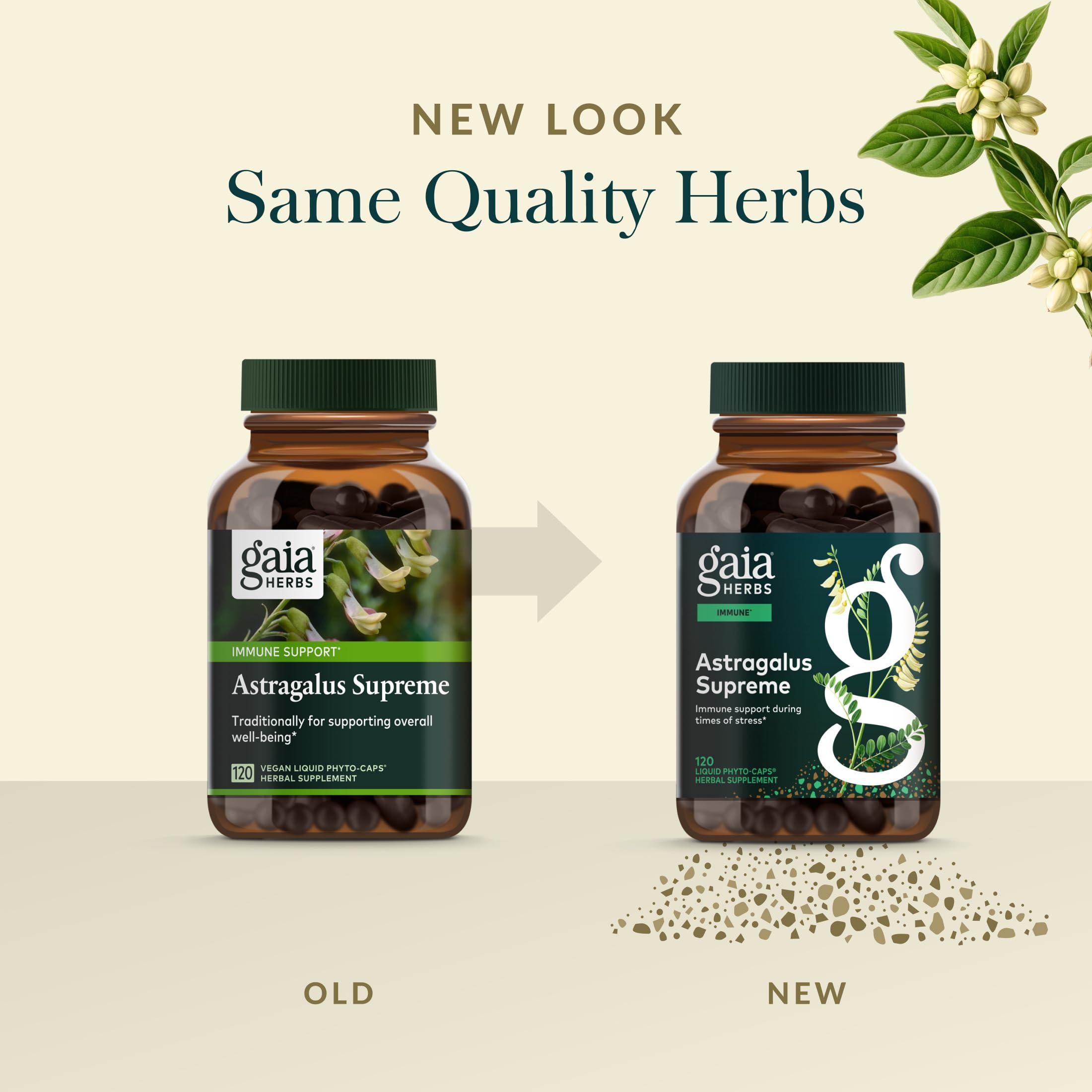 Gaia Herbs Astragalus Supreme bottle pour demonstrates straightforward daily dosing