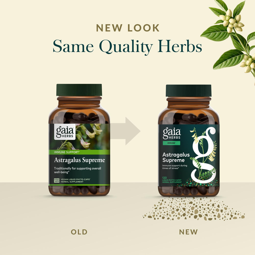 Gaia Herbs Astragalus Supreme bottle pour demonstrates straightforward daily dosing