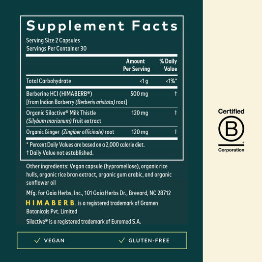 Gaia Herbs Berberine and Milk Thistle capsules on a kitchen counter for daily use.