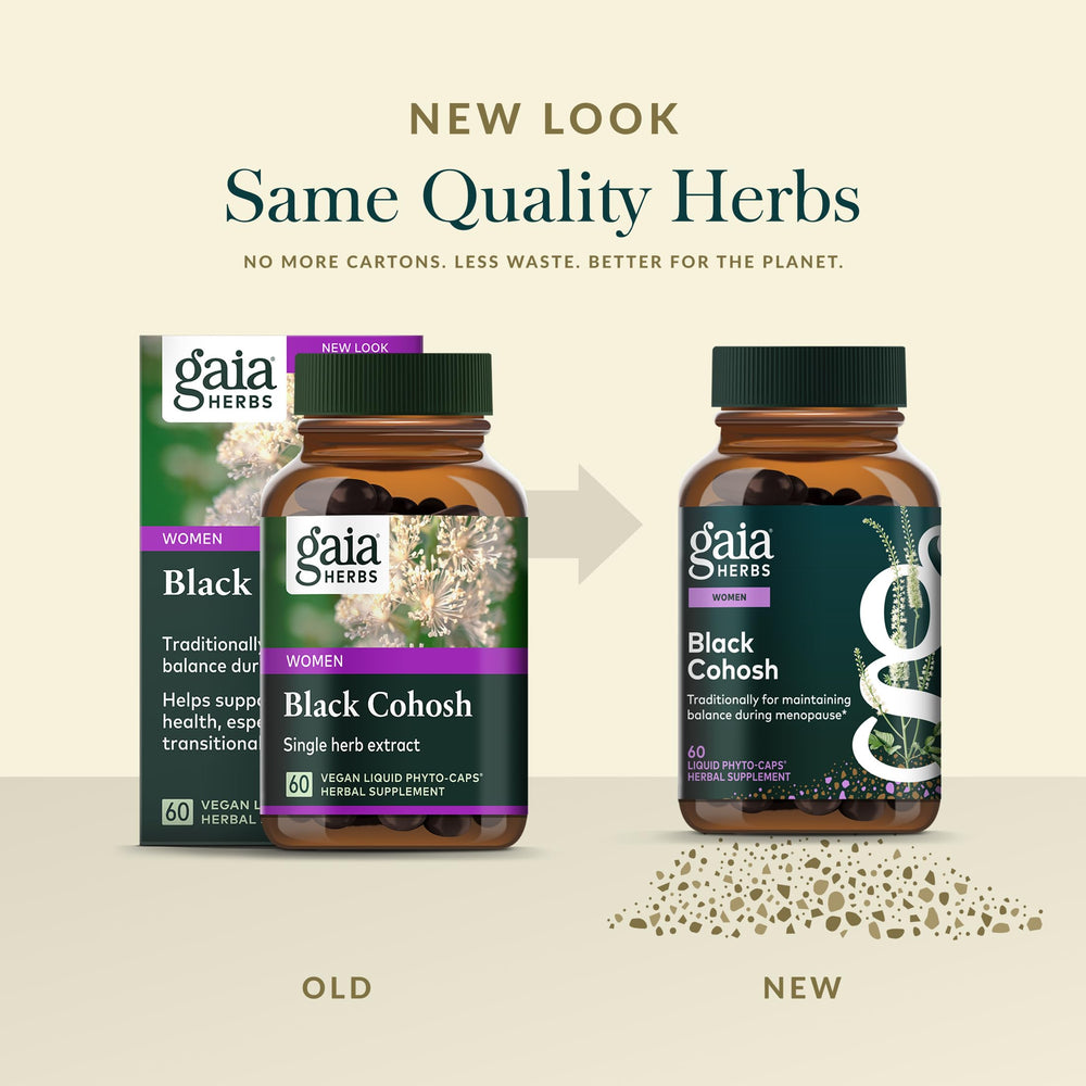 Gaia Herbs Black Cohosh bottle cap reflection emphasizes quality.