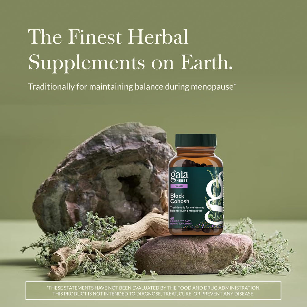 Gaia Herbs Black Cohosh capsules close-up shows vegan phyto-caps.