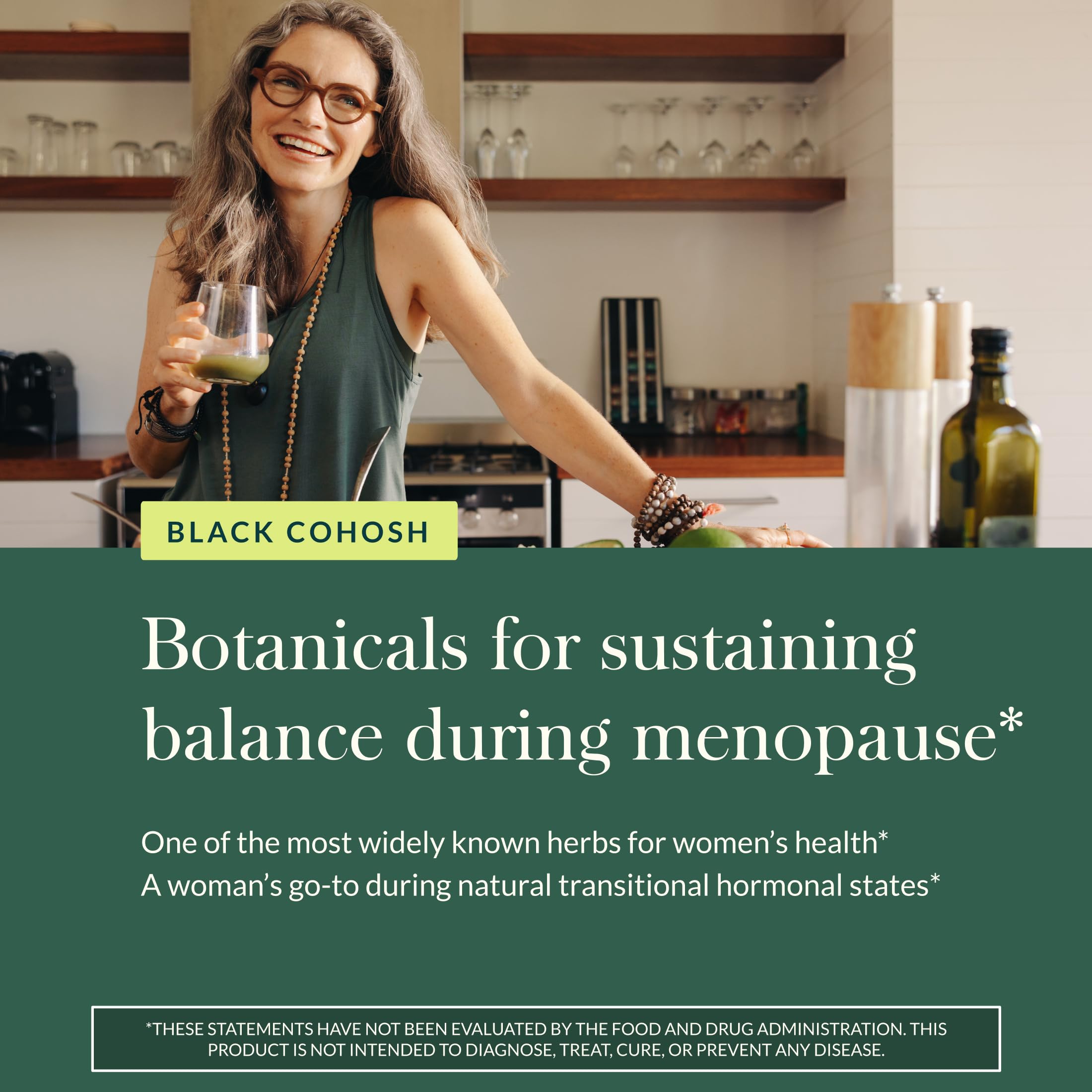 Gaia Herbs Black Cohosh ingredients close-up shows plant-based sourcing.
