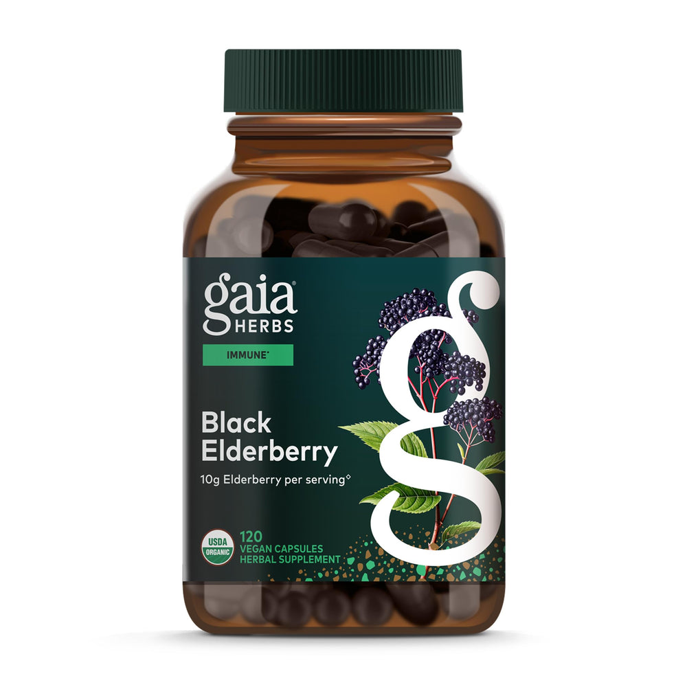 Gaia Herbs Black Elderberry bottle front view for daily immune support