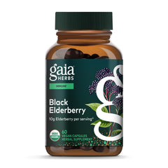 Gaia Herbs Black Elderberry bottle showing vegan capsules for daily immune support.