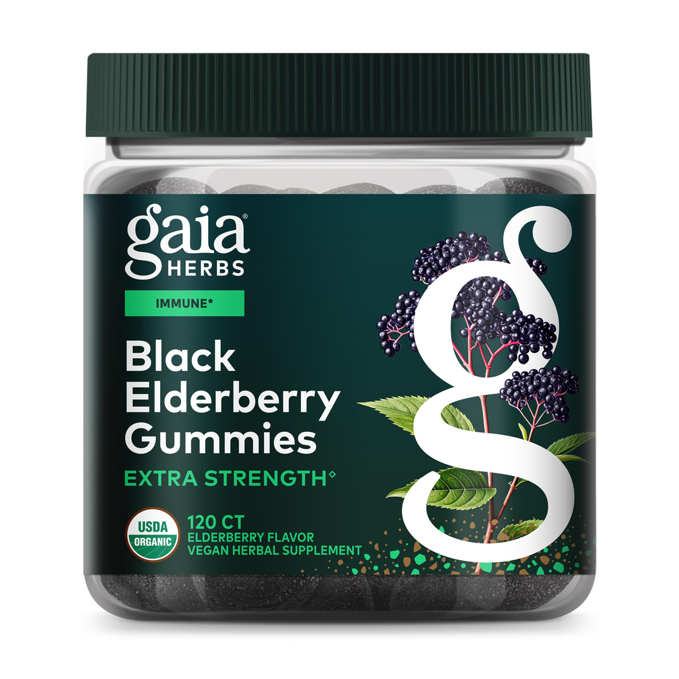 Gaia Herbs Black Elderberry Gummies bottle front showing organic elderberry blend for immune support
