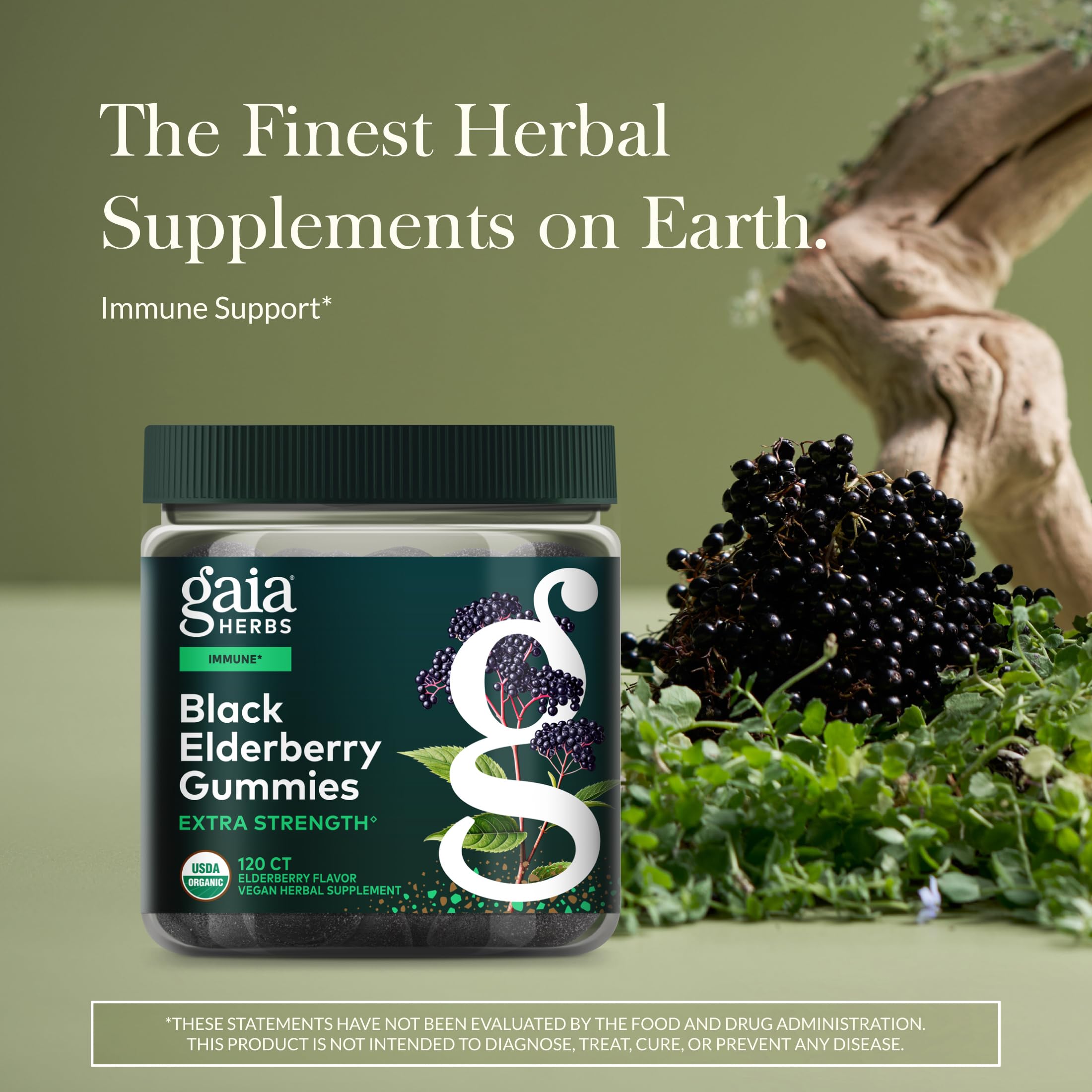 Gaia Herbs Black Elderberry Gummies label close-up with USDA Organic stamp
