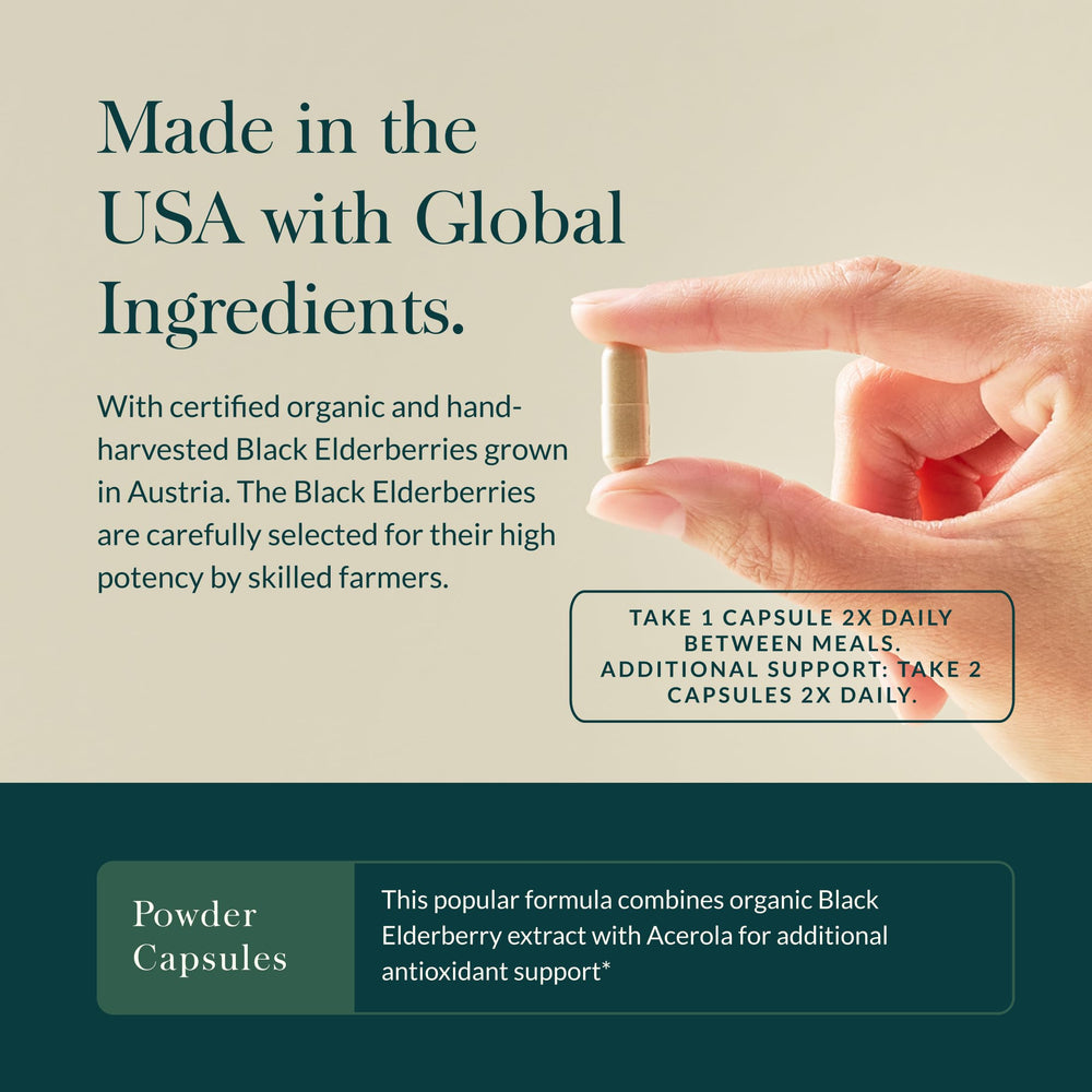 Gaia Herbs label close-up highlighting organic elderberry and acerola ingredients.