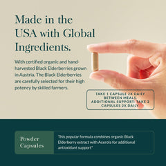 Gaia Herbs label close-up highlighting organic elderberry and acerola ingredients.