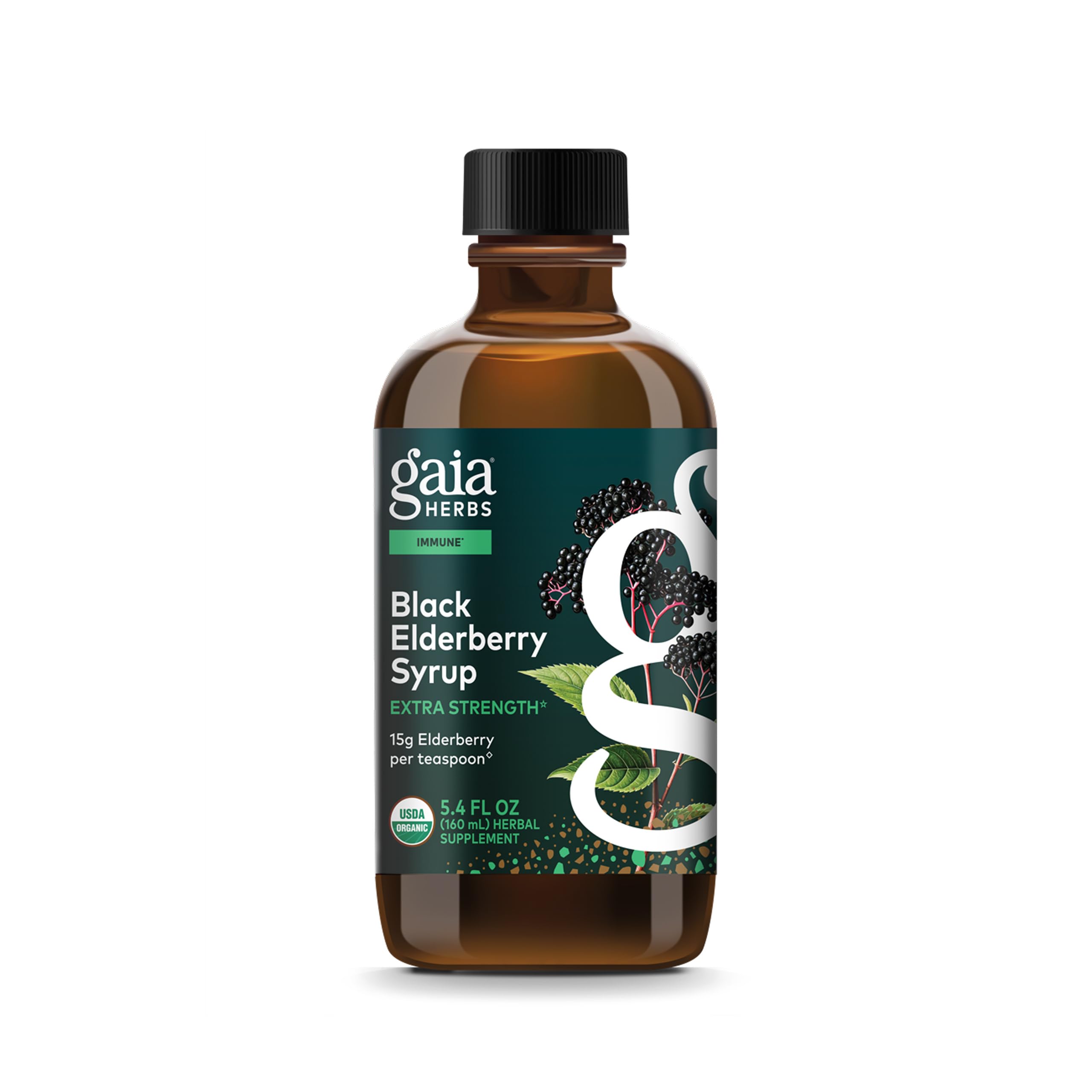 Gaia Herbs Black Elderberry Syrup bottle for daily immune support.