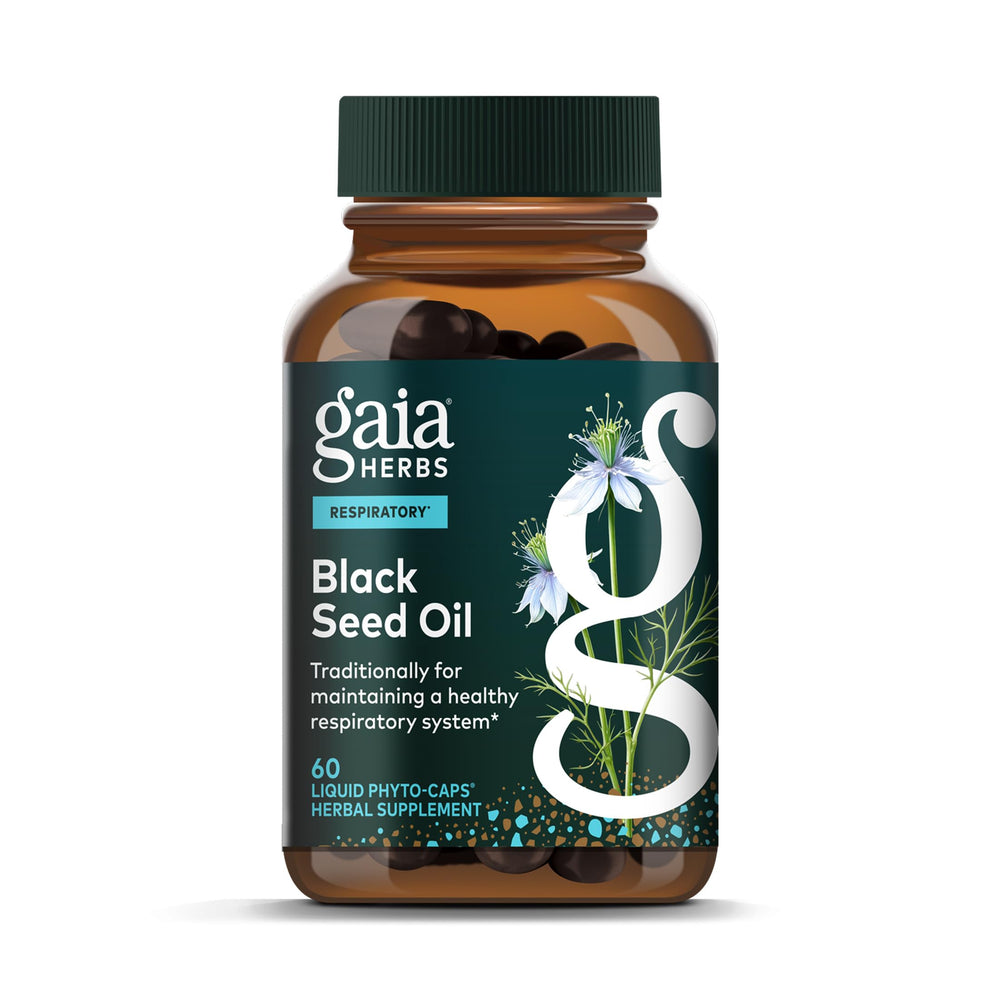 Gaia Herbs Black Seed Oil capsules front view with 60 vegan capsules for daily support