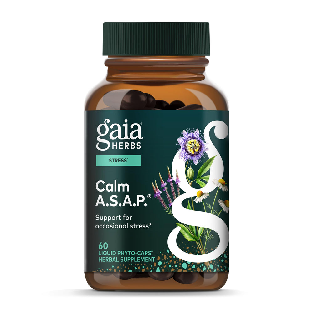 Gaia Herbs Calm A.S.A.P. bottle displayed for convenient stress support