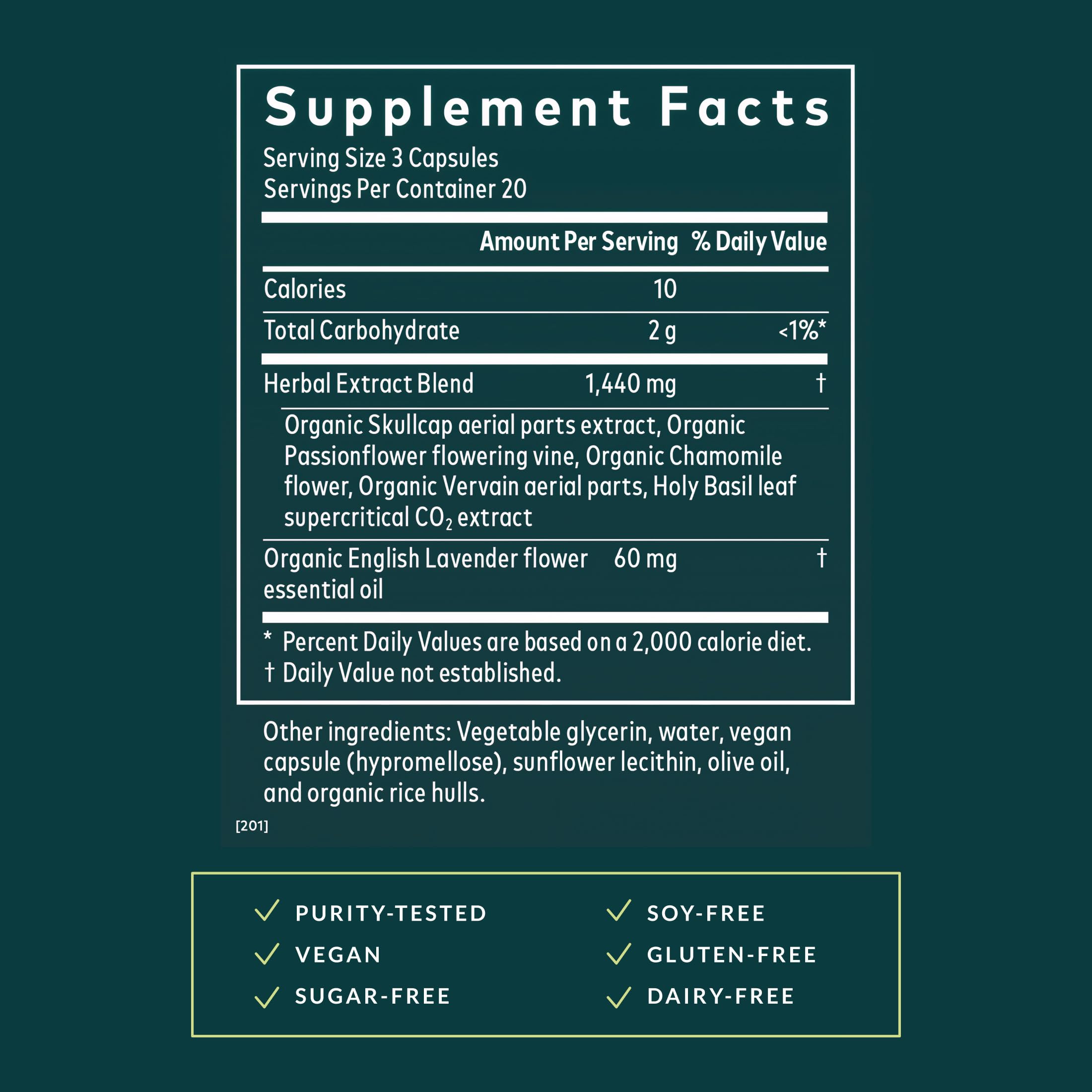 Gaia Herbs Calm A.S.A.P. label close-up highlighting ingredients