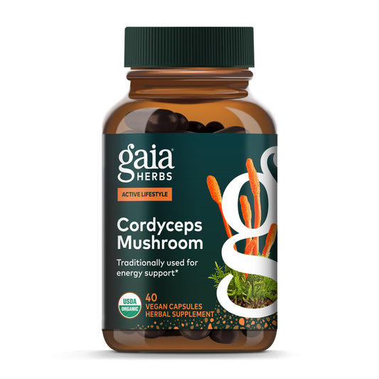 Gaia Herbs Cordyceps bottle shows daily vegan capsules for energy support
