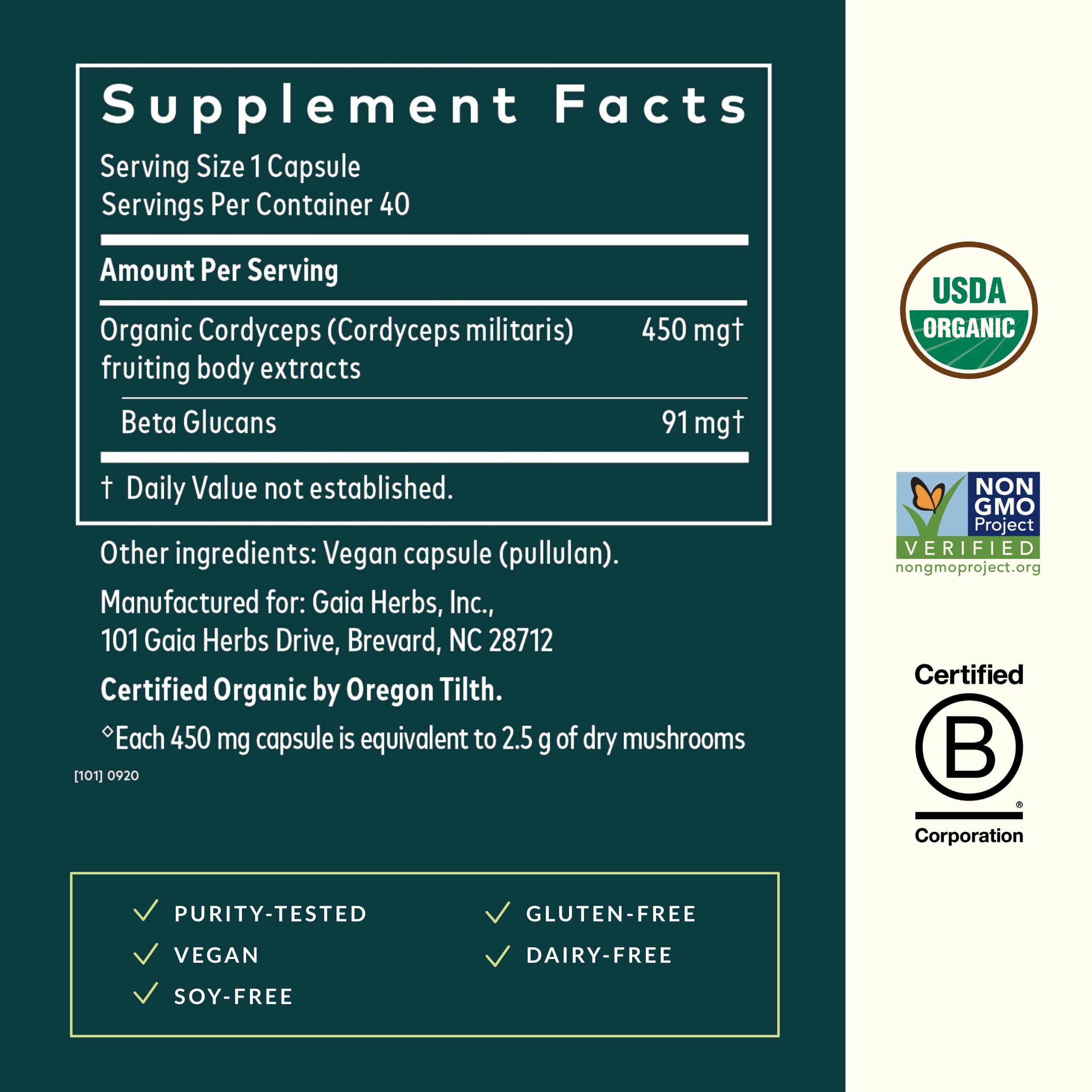 Cordyceps label close-up highlighting gluten-free and soy-free formula