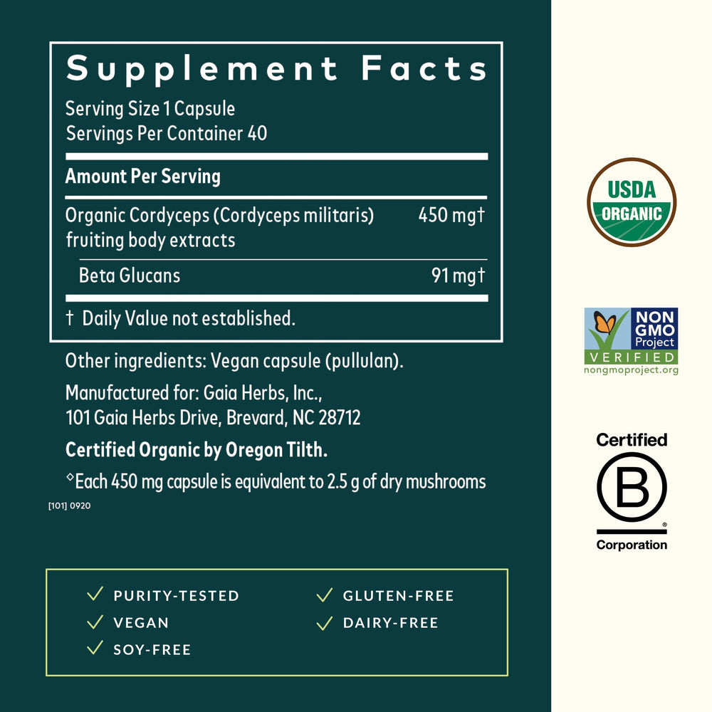 Cordyceps label close-up highlighting gluten-free and soy-free formula