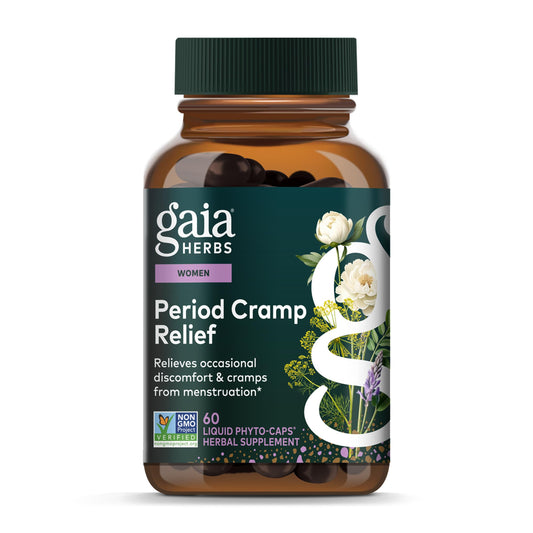 Gaia Herbs Cramp Relief bottle with vegan capsules for natural period comfort