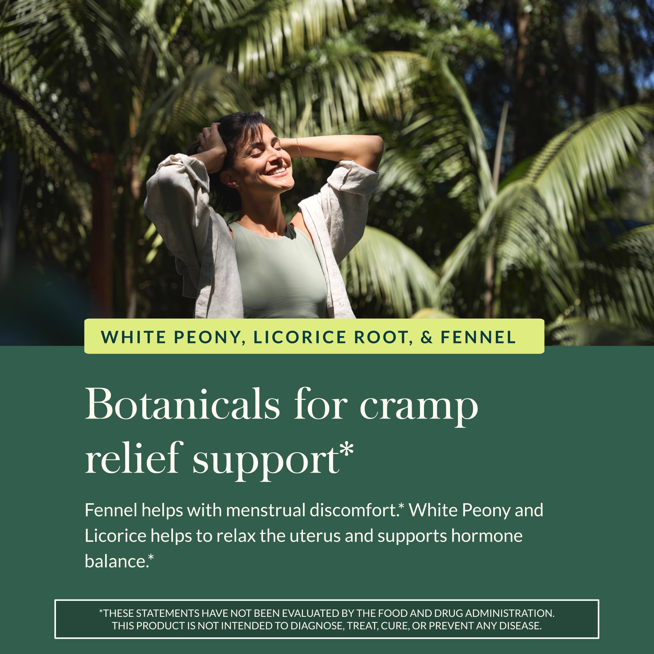 Gaia Herbs Cramp Relief turmeric capsule close-up; natural notes for discomfort
