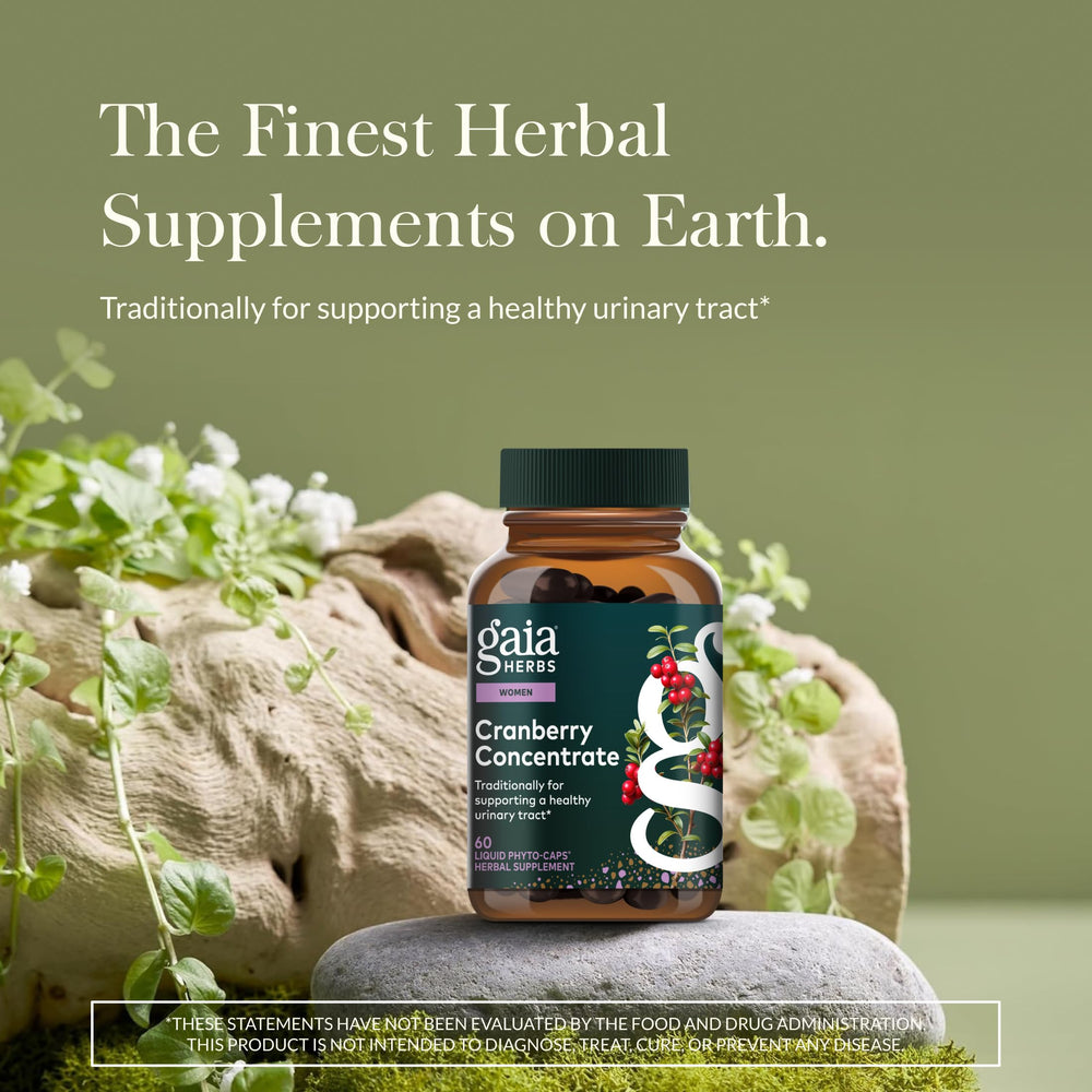 Gaia Herbs Cranberry Concentrate pouring scene highlighting convenient daily use
