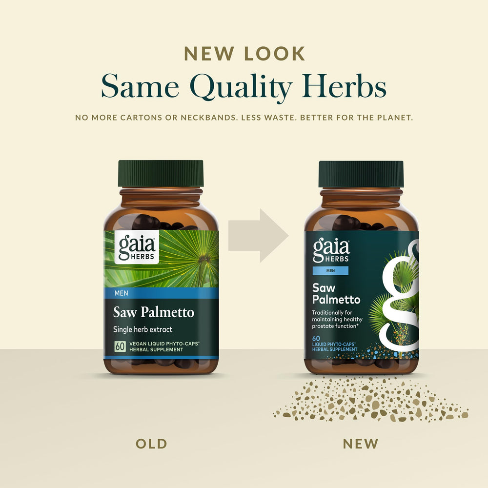 Dispensing cap illustrating easy daily dosing on Gaia Herbs Saw Palmetto