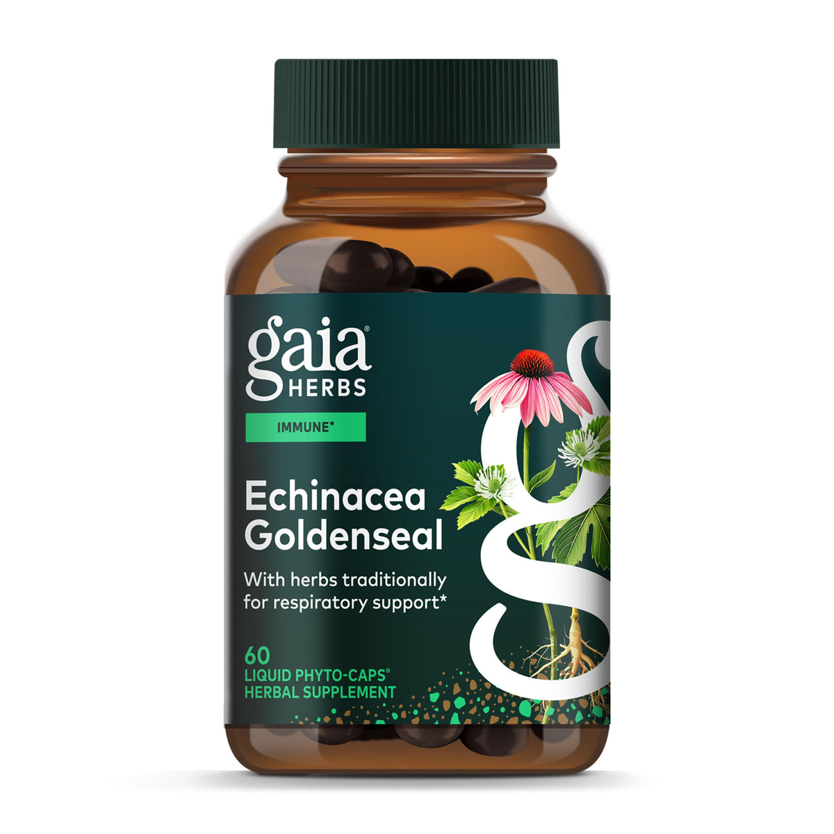 Gaia Herbs Echinacea Goldenseal bottle label hints at immune support potential.