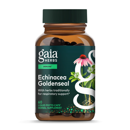 Gaia Herbs Echinacea Goldenseal bottle label hints at immune support potential.