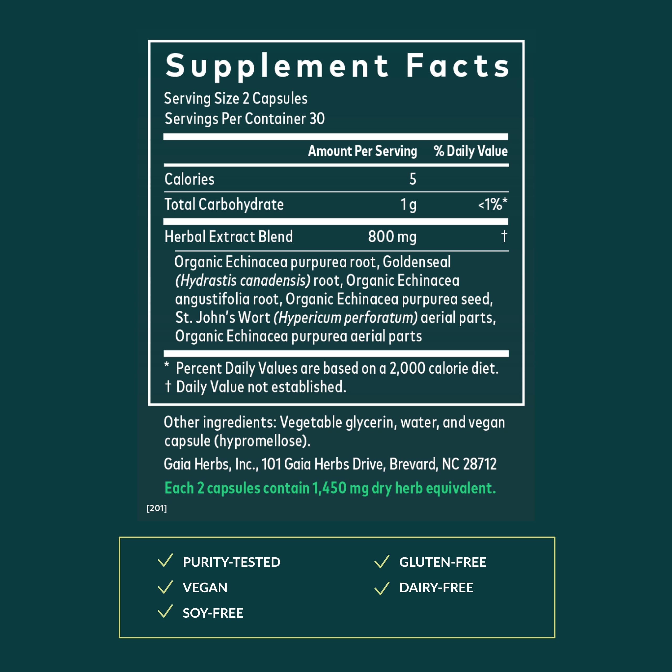 Gaia Herbs Echinacea Goldenseal cap close-up conveys plant-based ingredients for respiratory support possibilities.
