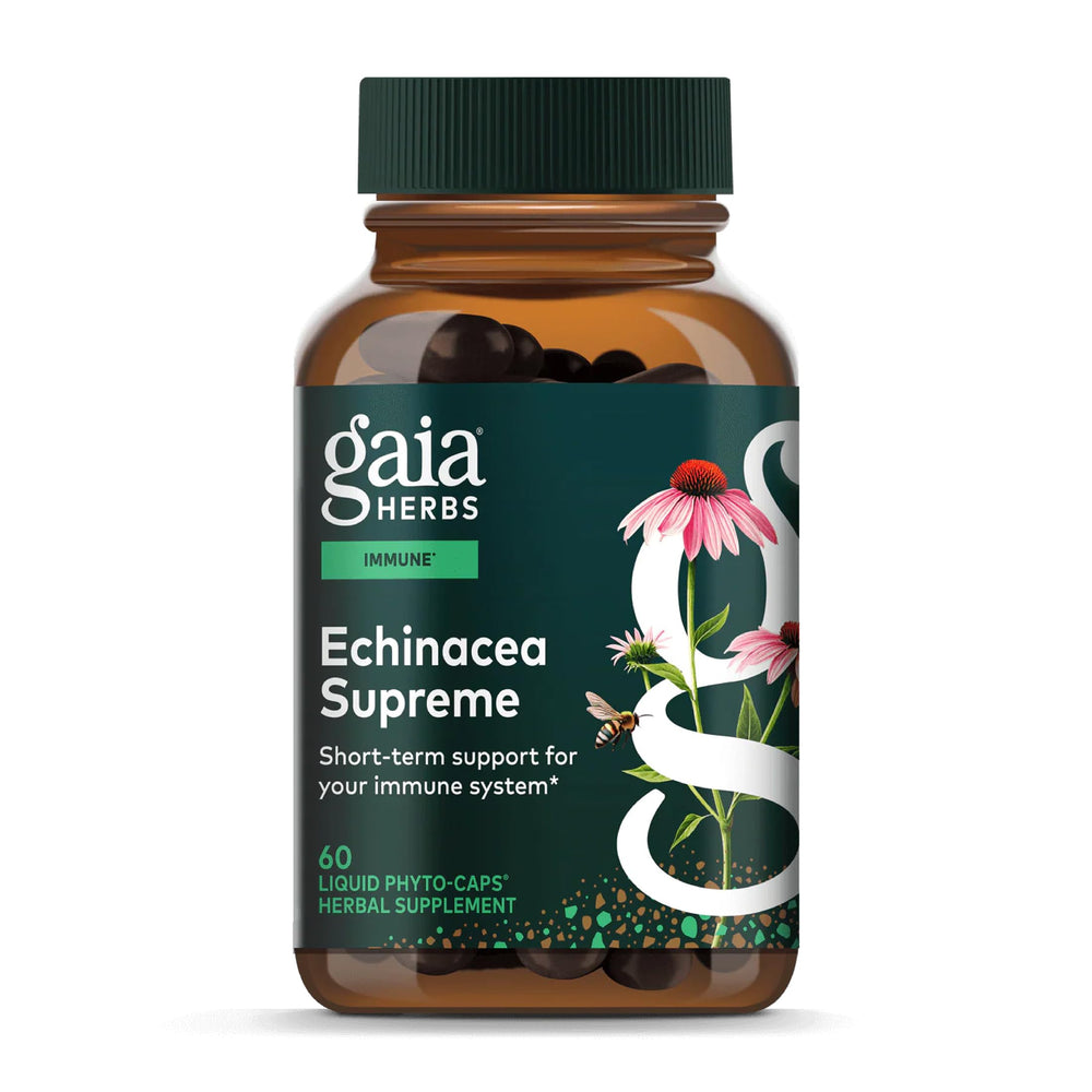 Gaia Herbs Echinacea Supreme bottle front promotes immune support.