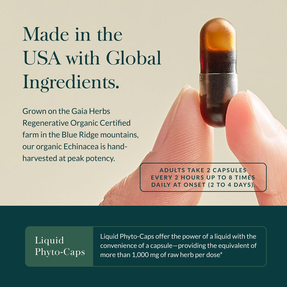 Gaia Herbs Echinacea Supreme ingredients board shows regenerative organic sourcing for purity.