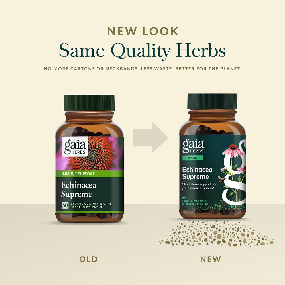Gaia Herbs Echinacea Supreme plant parts closeup features echinacea root and aerial parts.