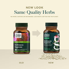 Gaia Herbs Echinacea Supreme plant parts closeup features echinacea root and aerial parts.