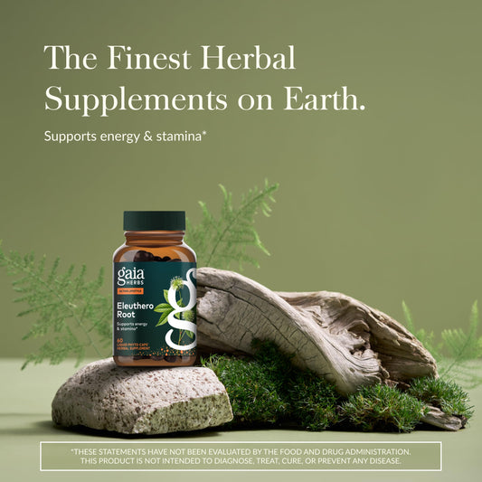 Gaia Herbs Eleuthero Root capsules close-up highlighting vegan formula for everyday stamina