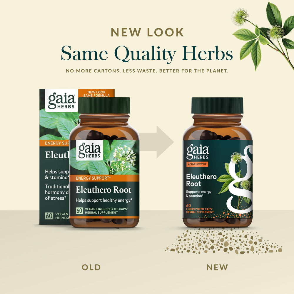 Gaia Herbs Eleuthero Root capsules on shelf indicating stamina use