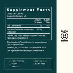 Gaia Herbs Eleuthero Root packaging on display for daily energy support