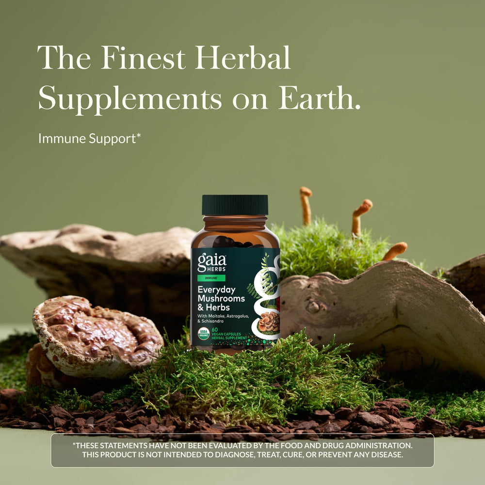 Gaia Herbs Everyday Immune capsules close-up, showcasing daily wellness support.