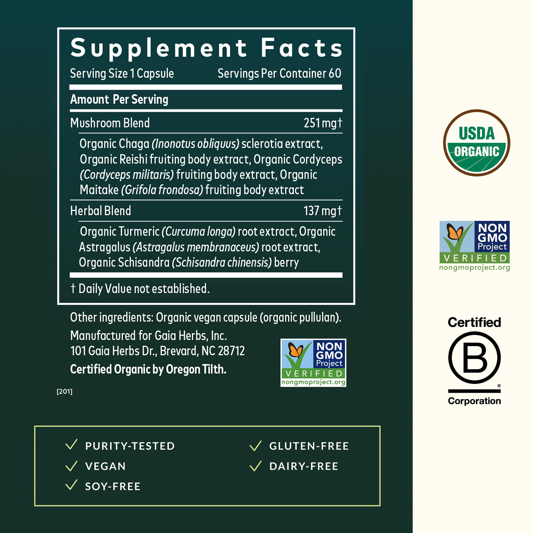 Gaia Herbs Everyday Immune label detail highlights organic ingredients for clean nutrition.