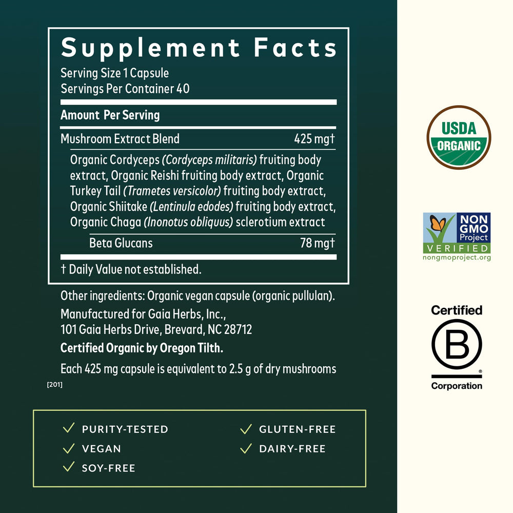 Gaia Herbs Everyday Mushrooms label back highlights vegan and gluten-free notes.