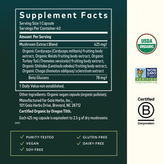 Gaia Herbs Everyday Mushrooms label back highlights vegan and gluten-free notes.