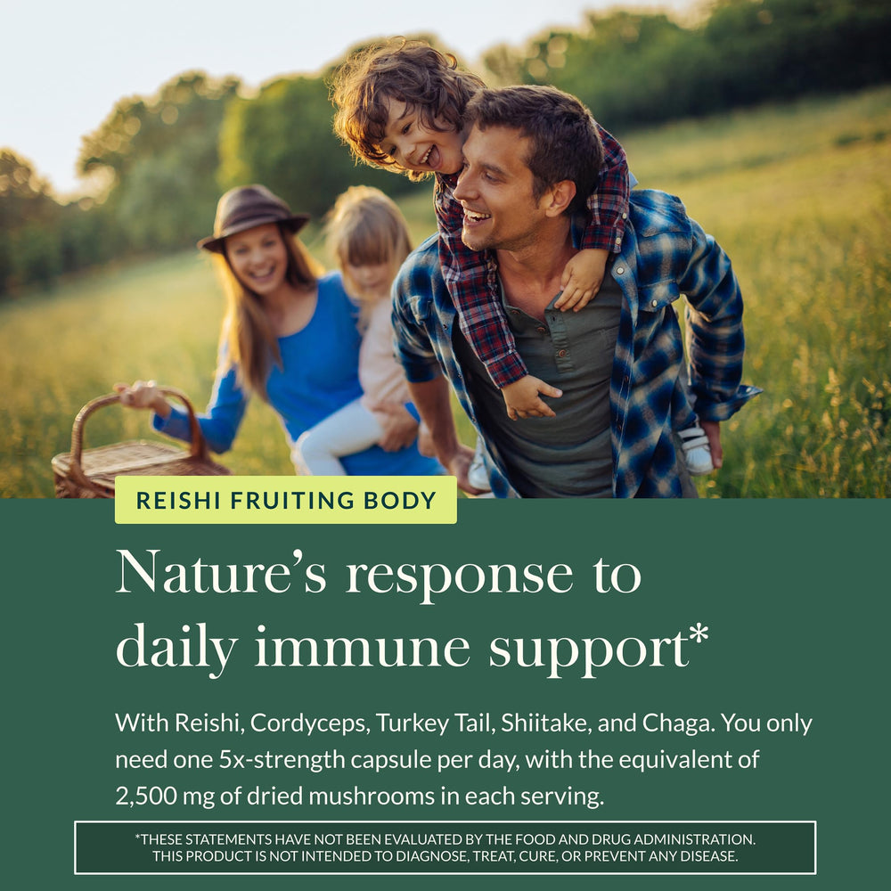 Blend of reishi, cordyceps, turkey tail, shiitake and chaga components.