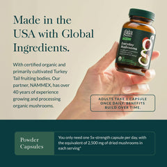 Gaia Everyday Mushrooms packaging emphasizing eco-friendly sourcing.
