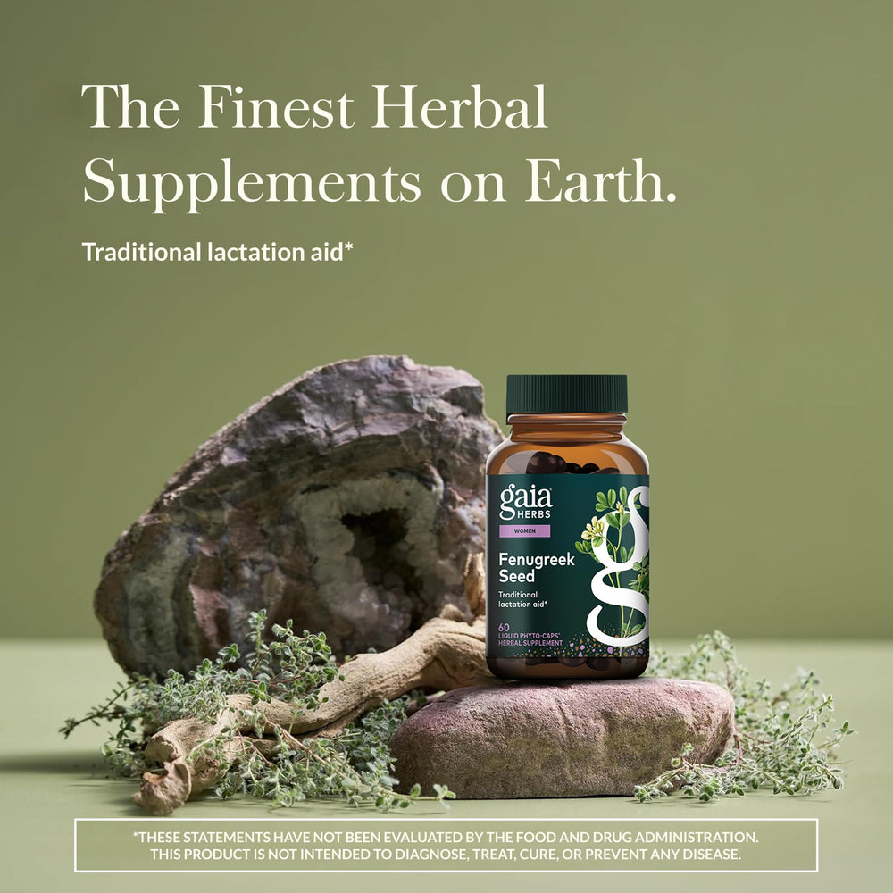 Gaia Herbs Fenugreek Seed capsules jar for daily lactation use.