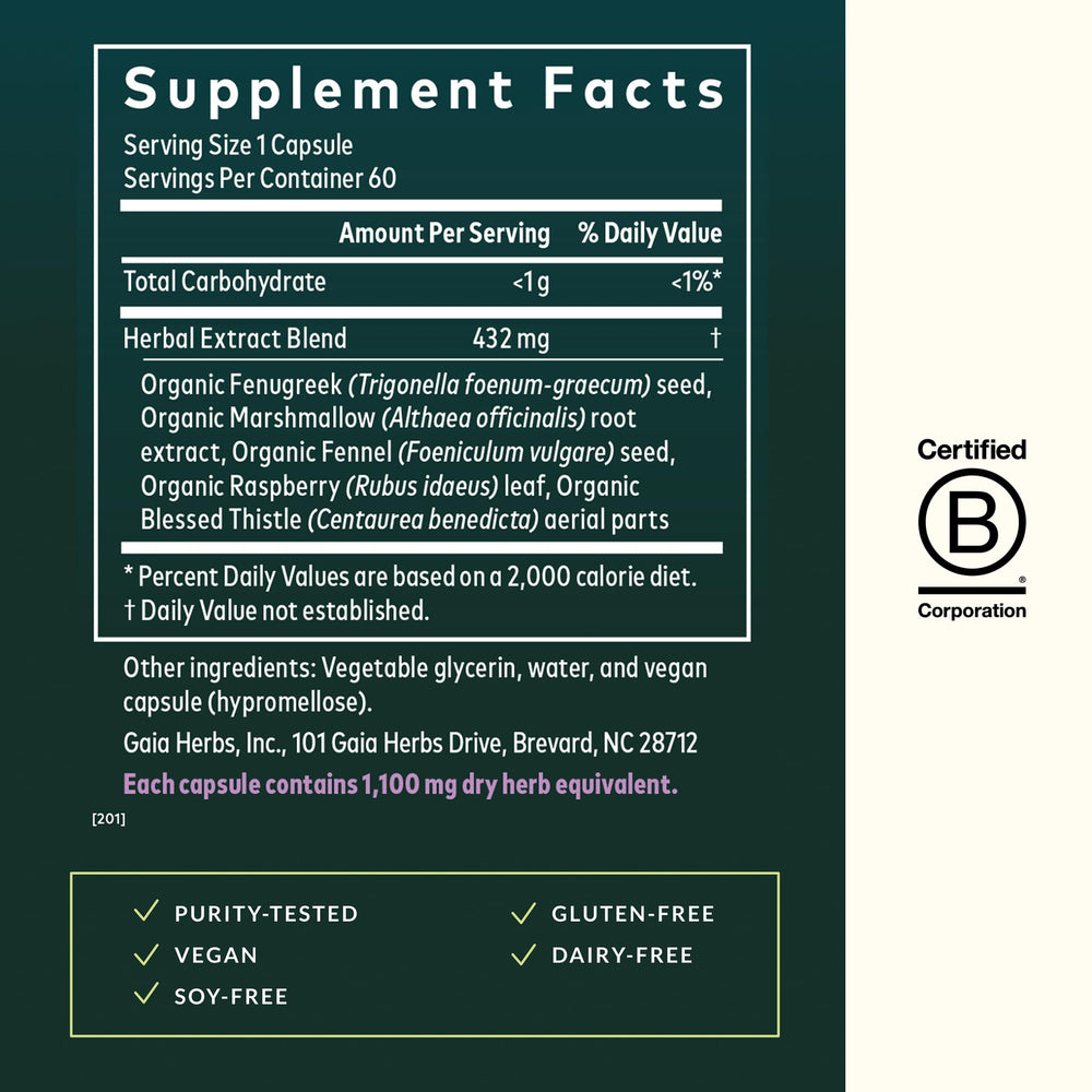 Gaia Herbs Lactation Support fenugreek seed imagery on label.