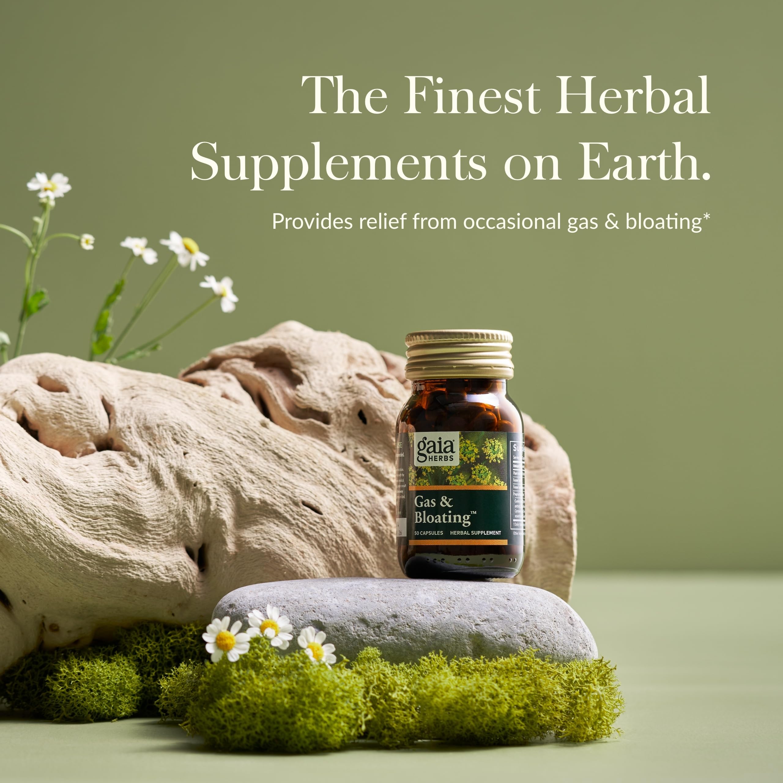 Gaia Herbs Gas & Bloating bottle back label explains the herbal blend for comfort.