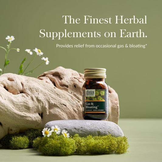 Gaia Herbs Gas & Bloating bottle back label explains the herbal blend for comfort.