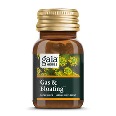Gaia Herbs Gas & Bloating bottle front shows vegan capsules for occasional gas relief.