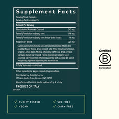 Gaia Herbs Gas & Bloating capsules closeup highlights activated charcoal in the formula.