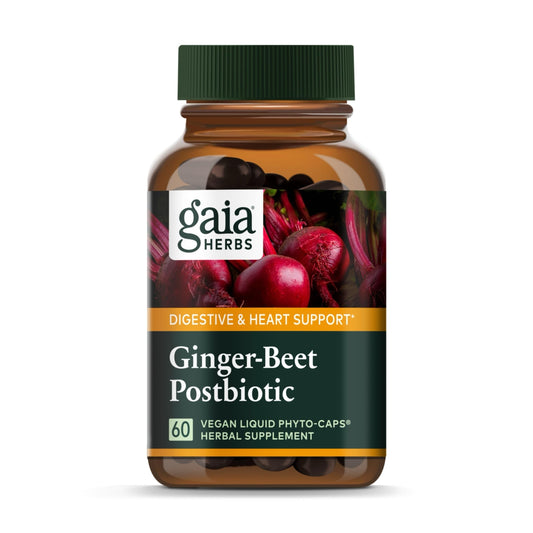 Gaia Herbs Ginger-Beet Postbiotic bottle for gut-friendly support.