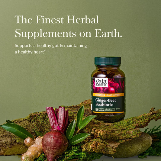 Gaia Herbs Ginger-Beet Postbiotic capsules for daily digestive balance.