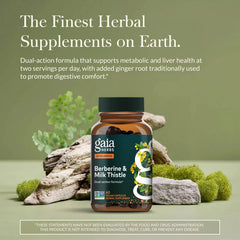 Gaia Herbs Berberine and Milk Thistle with ginger root symbolizing digestion support.