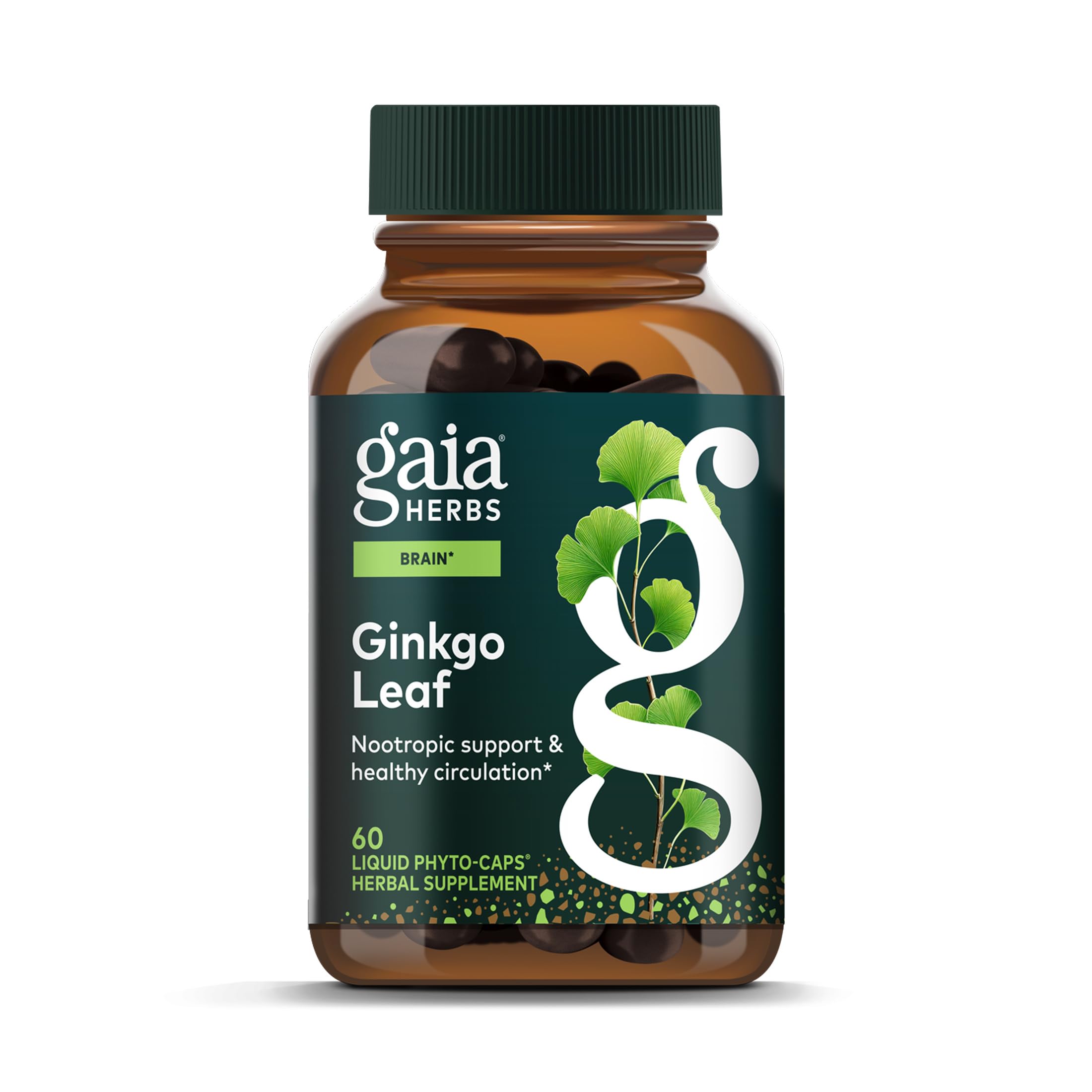 Gaia Herbs Ginkgo Leaf bottle showing a full-spectrum herbal blend for everyday brain support