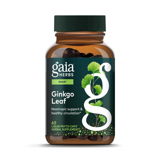 Gaia Herbs Ginkgo Leaf bottle showing a full-spectrum herbal blend for everyday brain support